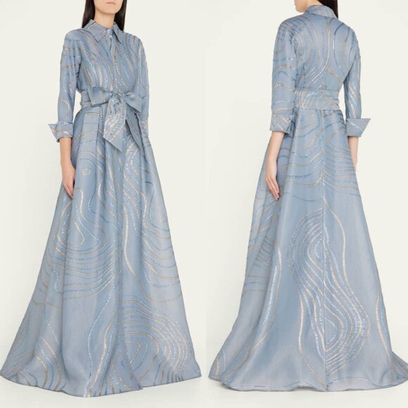 Rickie Freeman for Teri Jon NWT 6 Jacquard Metallic Abstract Dress Gown Blue - Picture 6 of 15